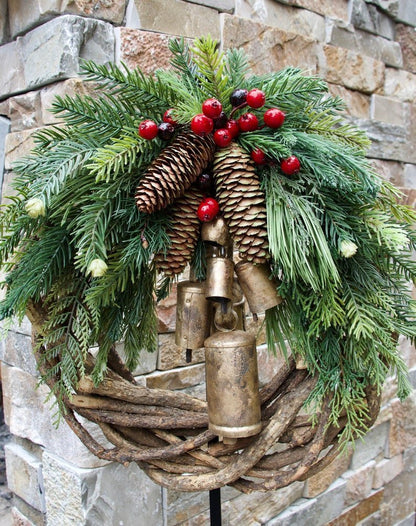 Rustic Boho Christmas Wreath Pinecone Bell Front Door Decor