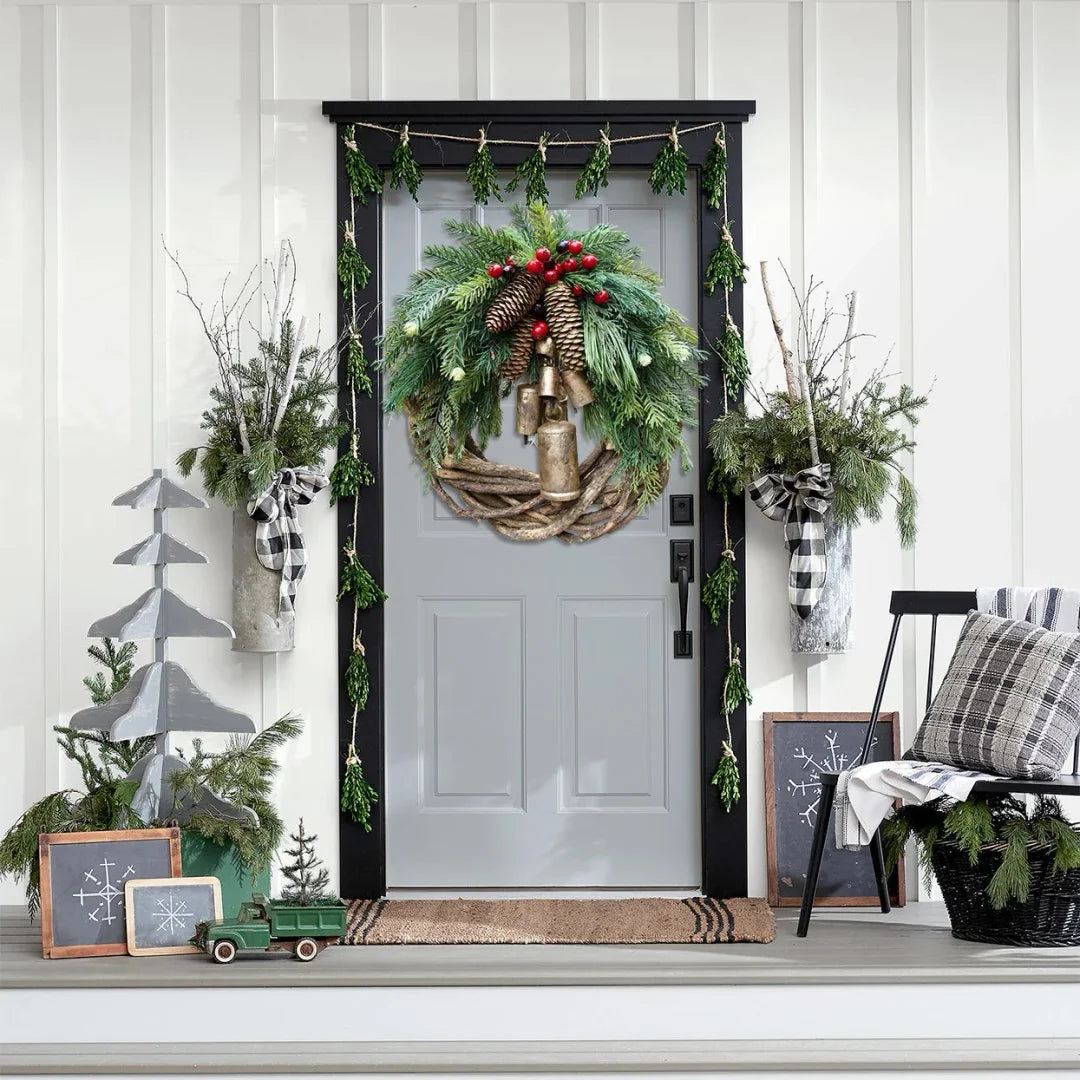 Rustic Boho Christmas Wreath Pinecone Bell Front Door Decor