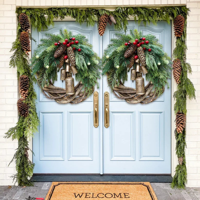 Rustic Boho Christmas Wreath Pinecone Bell Front Door Decor