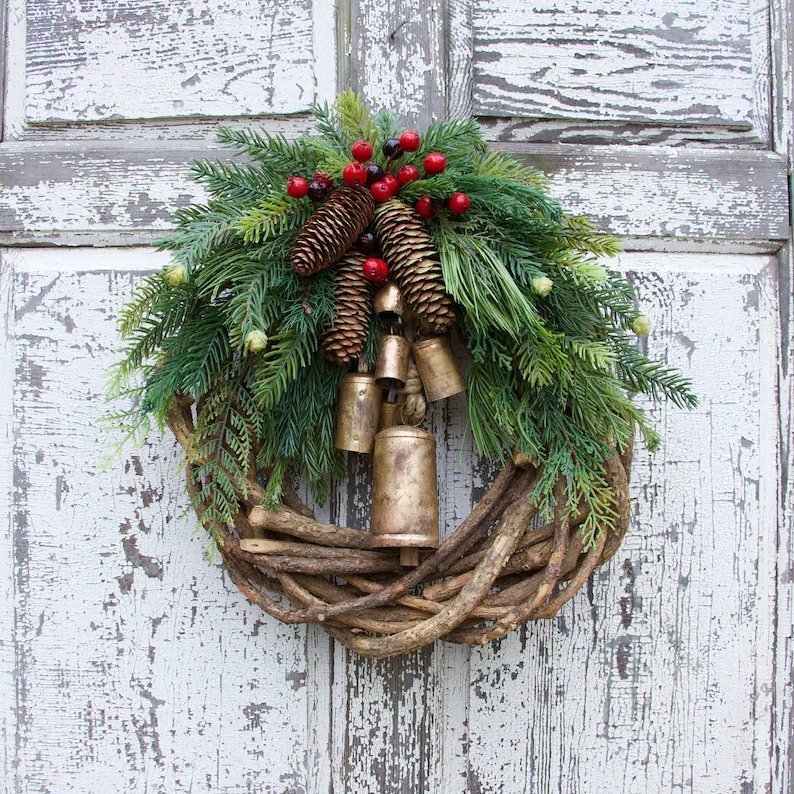 Rustic Boho Christmas Wreath Pinecone Bell Front Door Decor