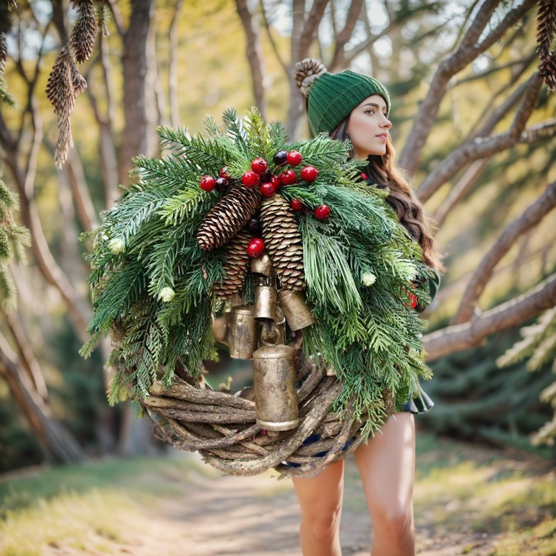 Rustic Boho Christmas Wreath Pinecone Bell Front Door Decor