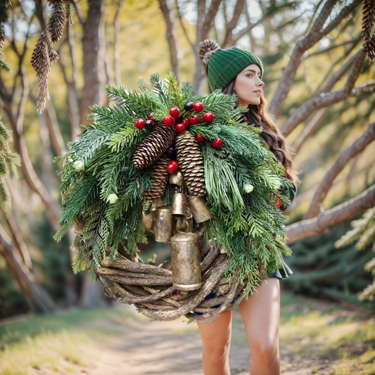 Rustic Boho Christmas Wreath Pinecone Bell Front Door Decor