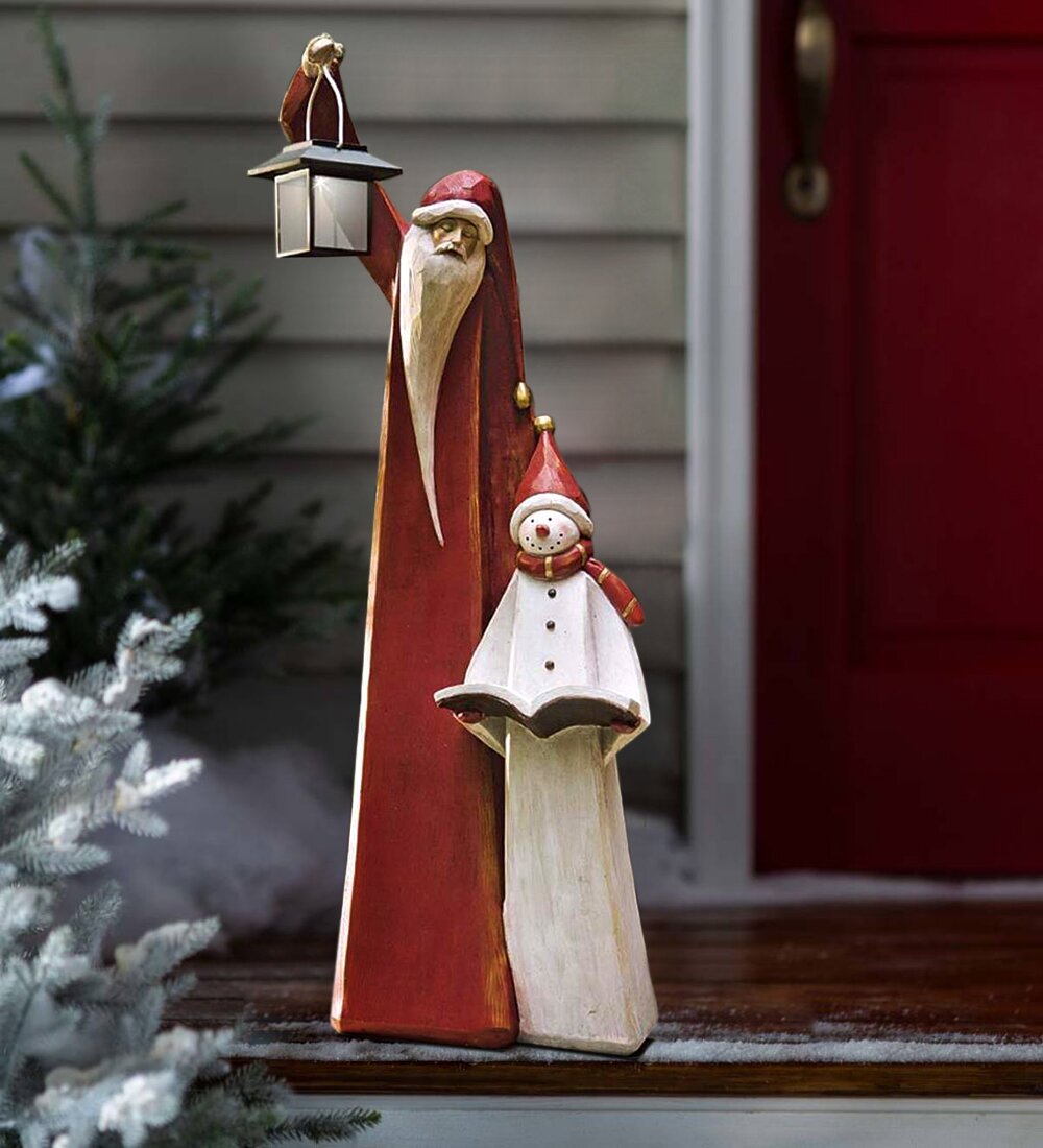 Santa and Snowman Solar Lantern Christmas Sculpture