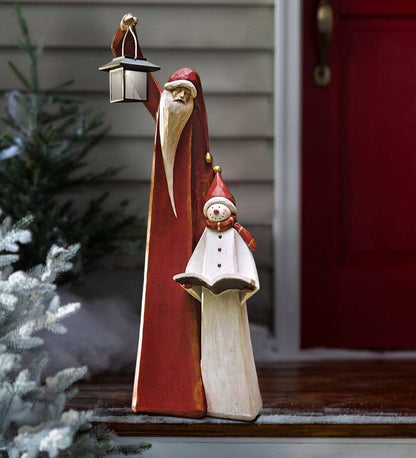 Santa and Snowman Solar Lantern Christmas Sculpture