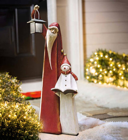 Santa and Snowman Solar Lantern Christmas Sculpture