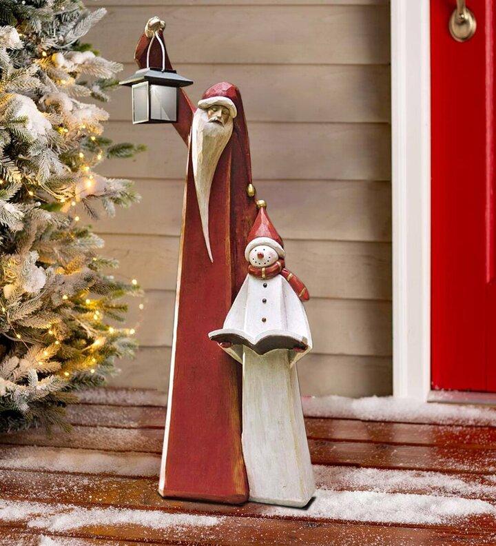 Santa and Snowman Solar Lantern Christmas Sculpture