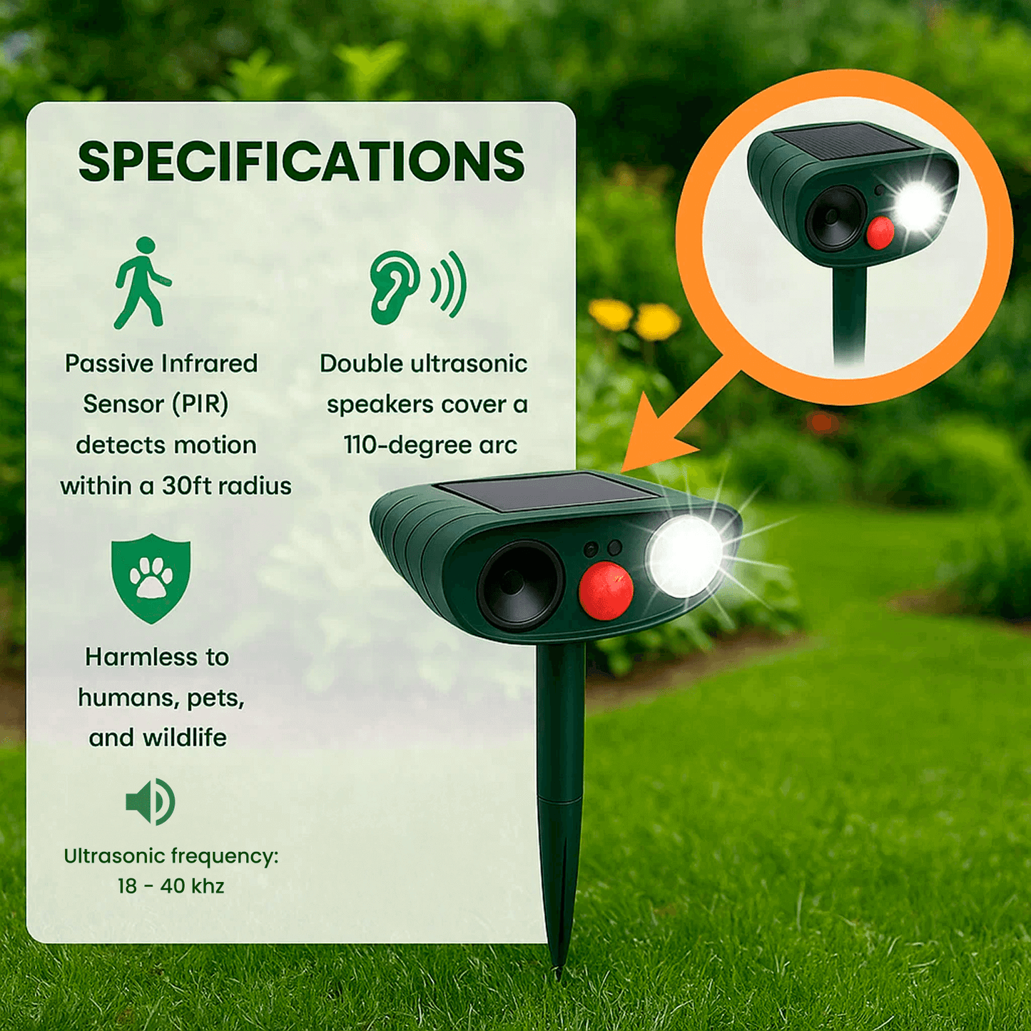 Solar Powered Ultrasonic Animal Repeller with Motion Sensor