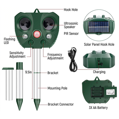 Solar Powered Ultrasonic Bird Repeller with LED Flashing Deterrent