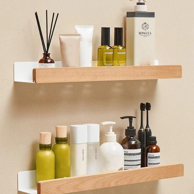 Solid Wood Adhesive Bathroom Wall Shelf Organizer