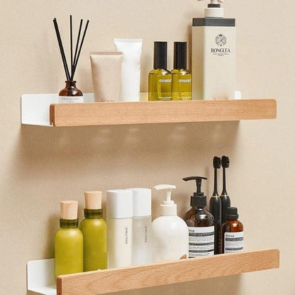 Solid Wood Adhesive Bathroom Wall Shelf Organizer
