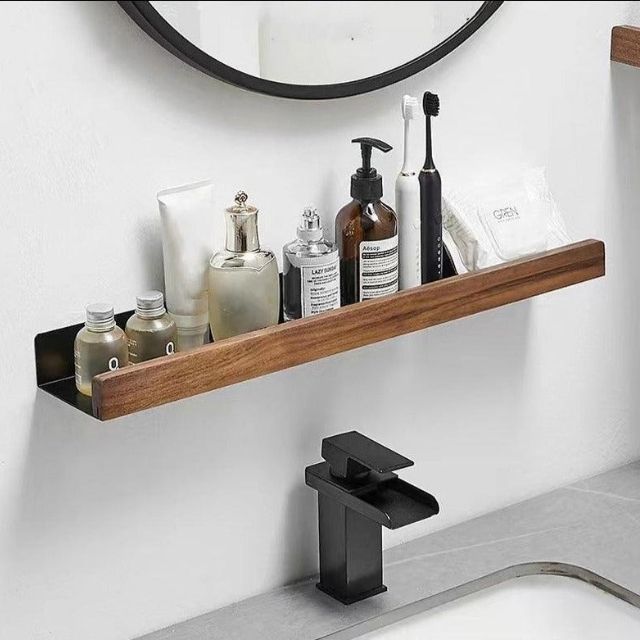 Solid Wood Adhesive Bathroom Wall Shelf Organizer