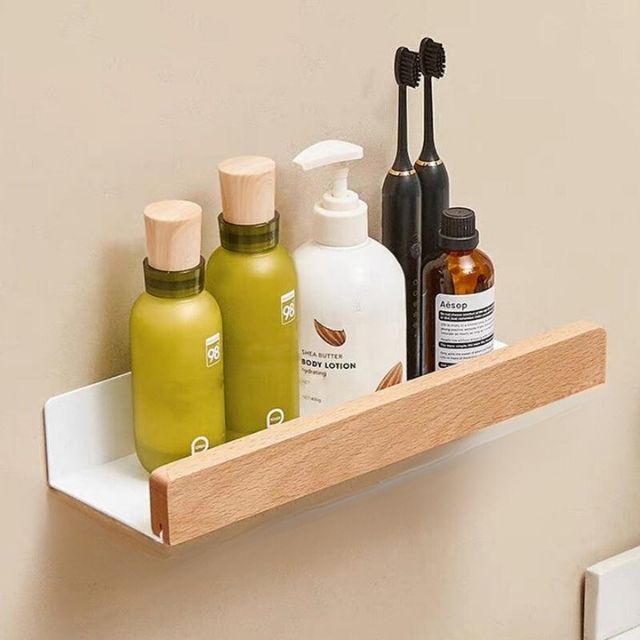 Solid Wood Adhesive Bathroom Wall Shelf Organizer