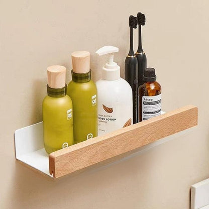 Solid Wood Adhesive Bathroom Wall Shelf Organizer