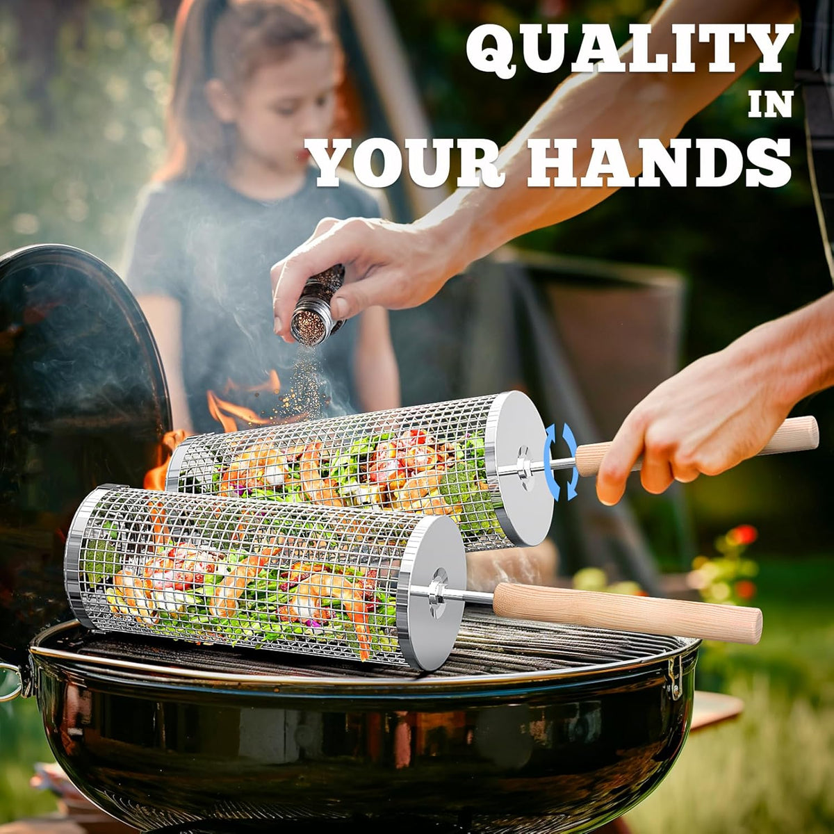 Stainless Steel BBQ Grill Basket Set with Wooden Handles