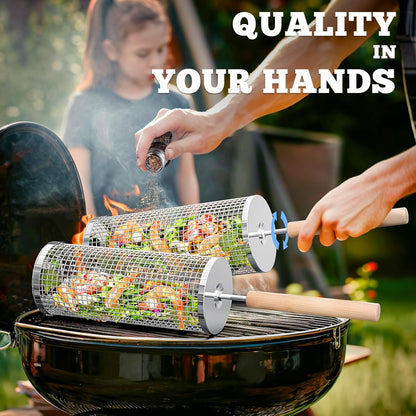 Stainless Steel BBQ Grill Basket Set with Wooden Handles