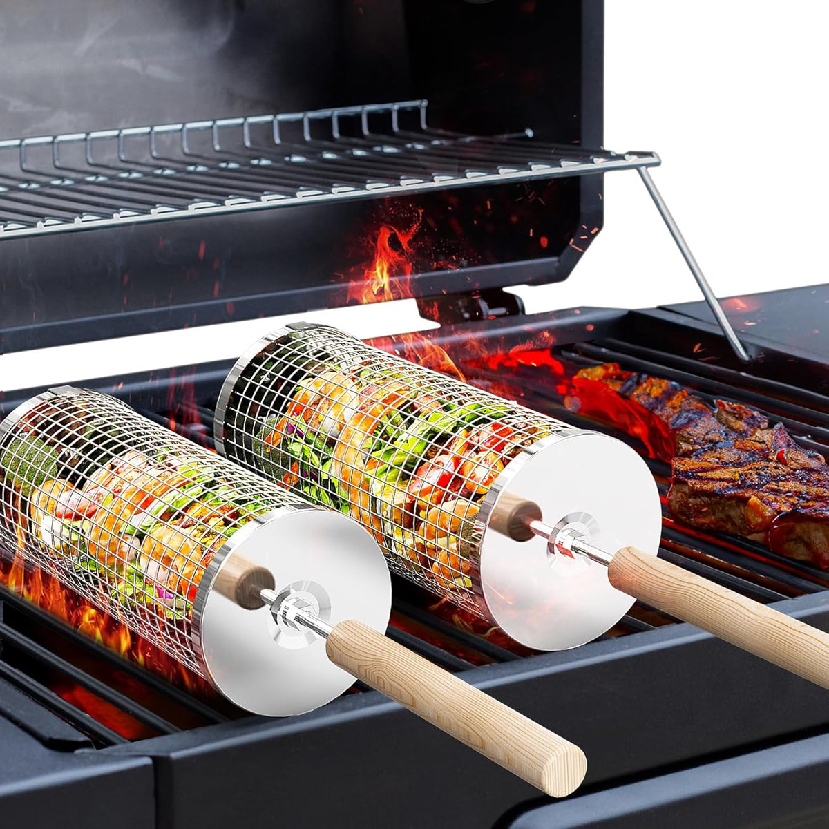 Stainless Steel BBQ Grill Basket Set with Wooden Handles