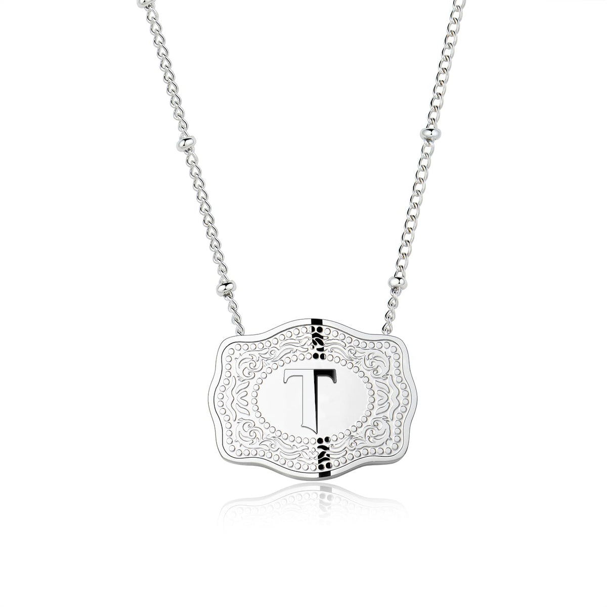 Stainless Steel Western Belt Buckle Initial Necklace