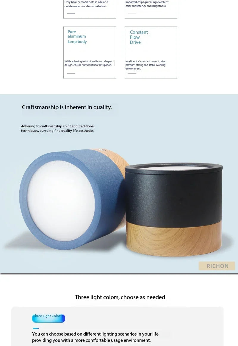 Surface Mounted LED Downlight 12W Wood Grain Three Color Ceiling Light