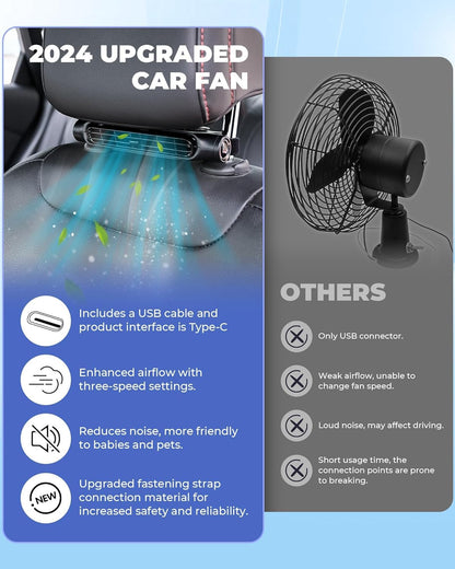 USB Headrest Car Cooling Fan 2 Pack Three Speed