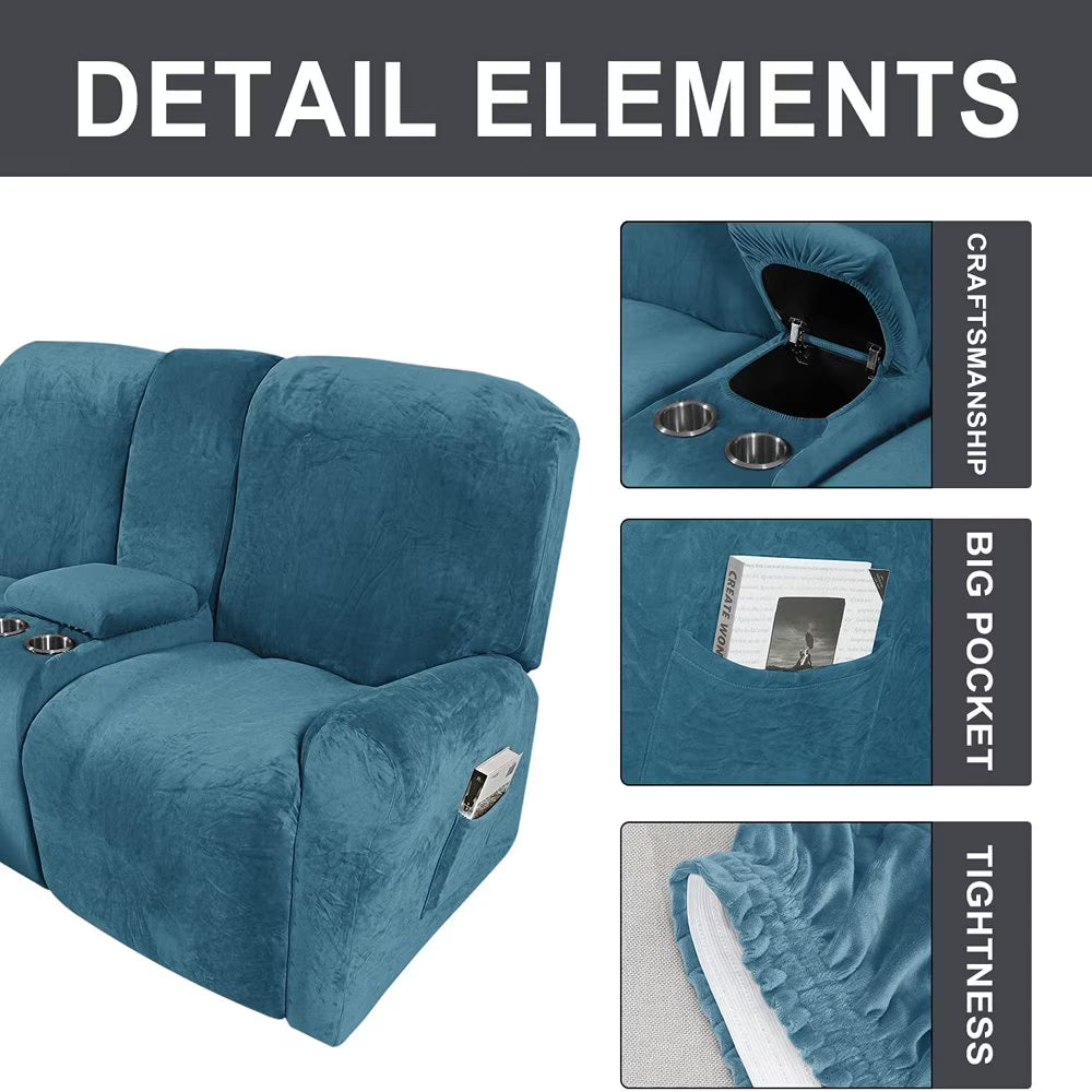 Velvet Plush 2 Seater Recliner Sofa Cover with Cup Holder Openings