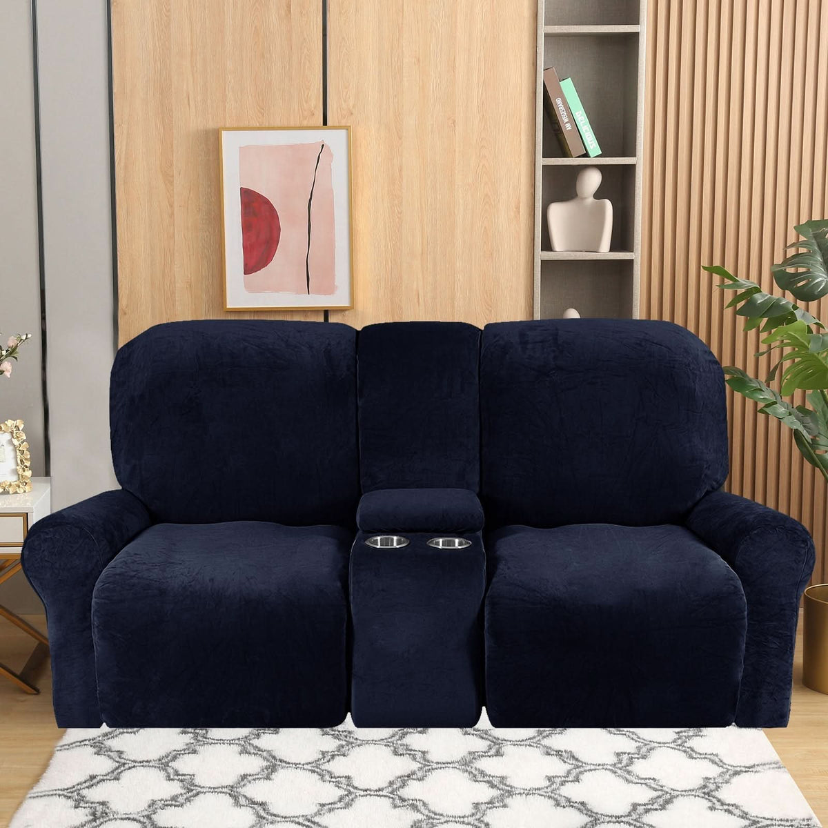 Velvet Plush 2 Seater Recliner Sofa Cover with Cup Holder Openings