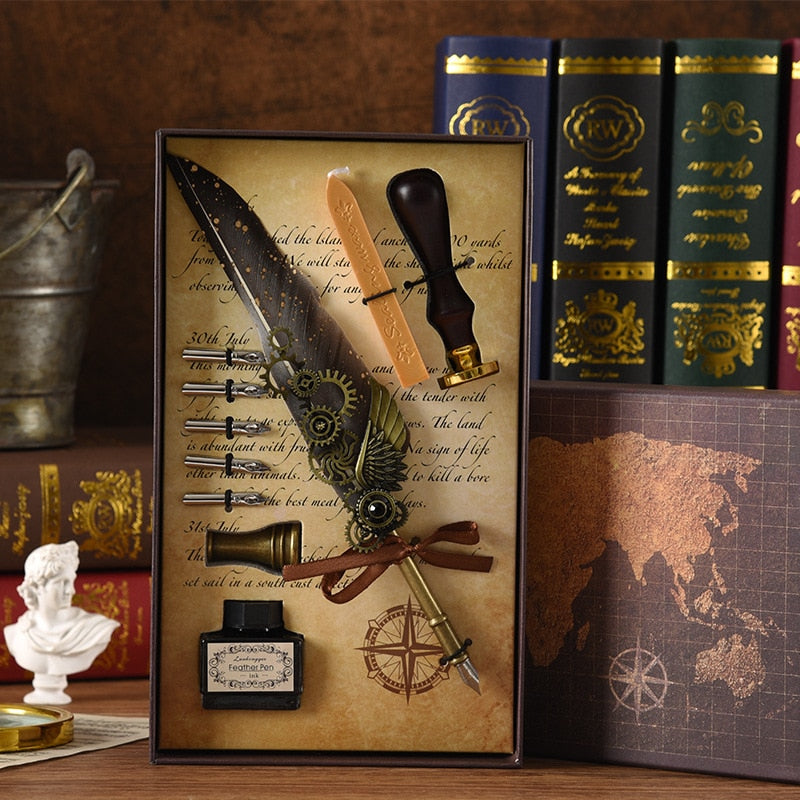 Vintage Feather Calligraphy Dip Pen Writing Set