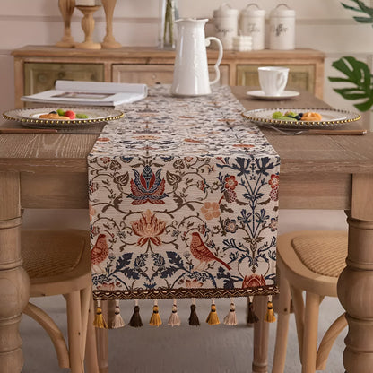 Vintage Jacquard Table Runner with Floral Bird Pattern and Tassels