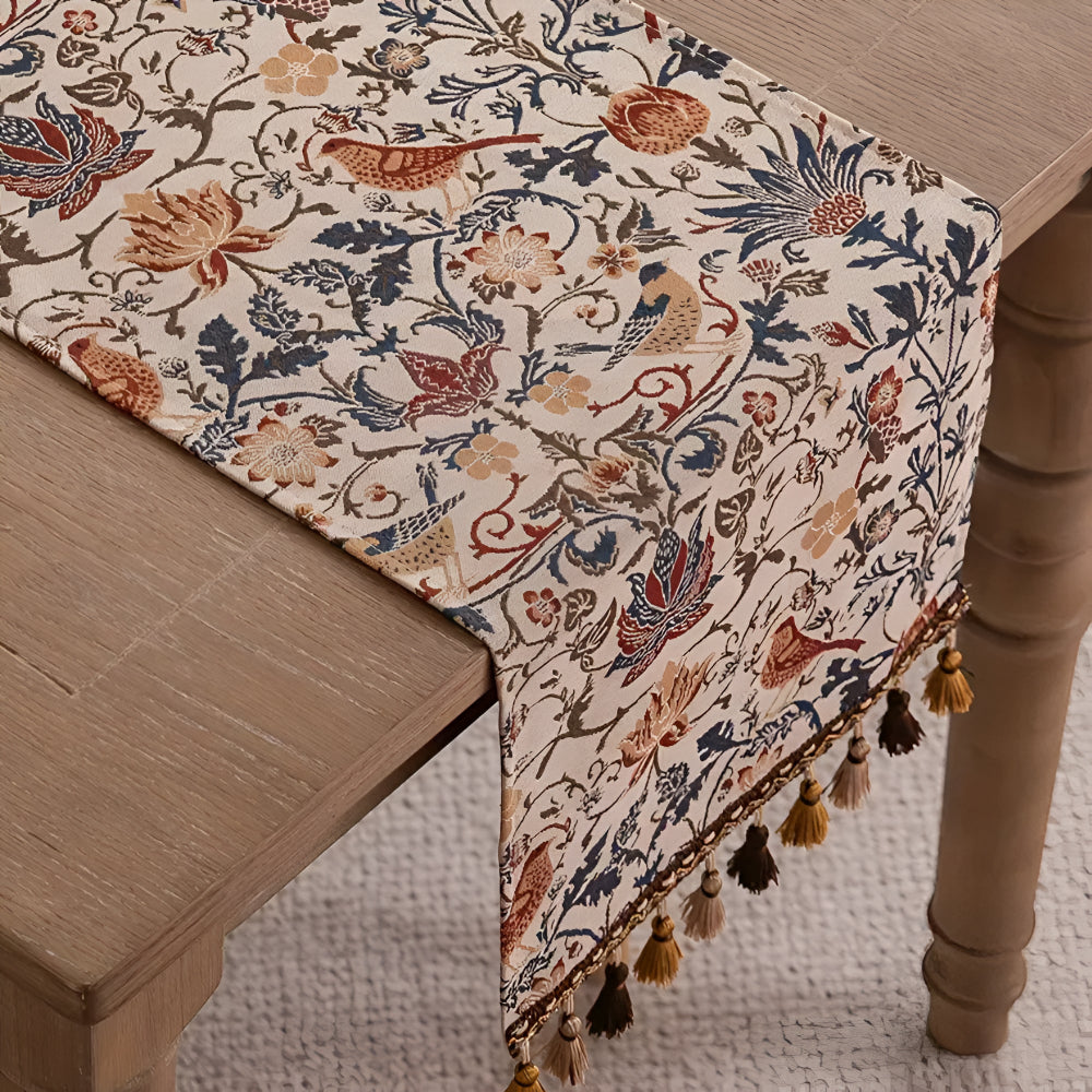 Vintage Jacquard Table Runner with Floral Bird Pattern and Tassels