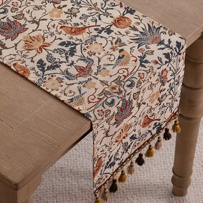 Vintage Jacquard Table Runner with Floral Bird Pattern and Tassels