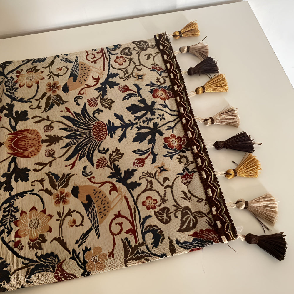 Vintage Jacquard Table Runner with Floral Bird Pattern and Tassels