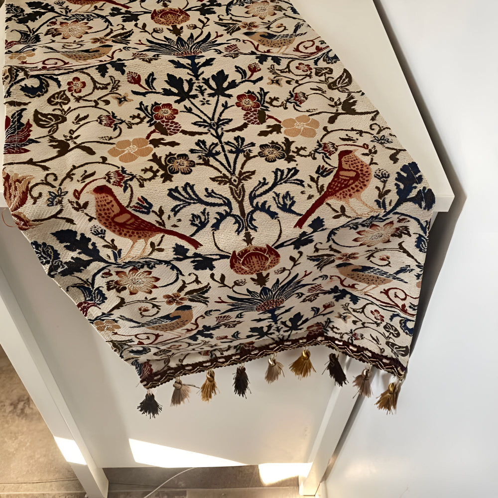 Vintage Jacquard Table Runner with Floral Bird Pattern and Tassels