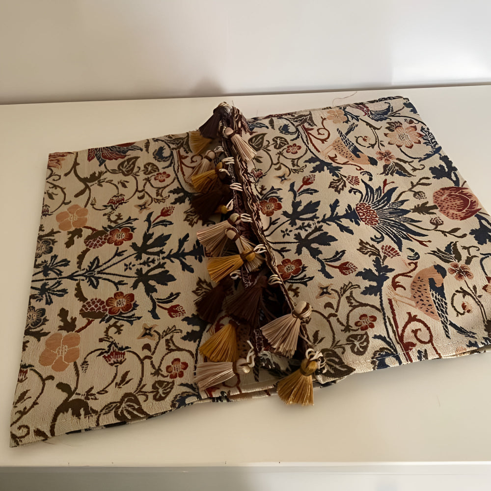 Vintage Jacquard Table Runner with Floral Bird Pattern and Tassels