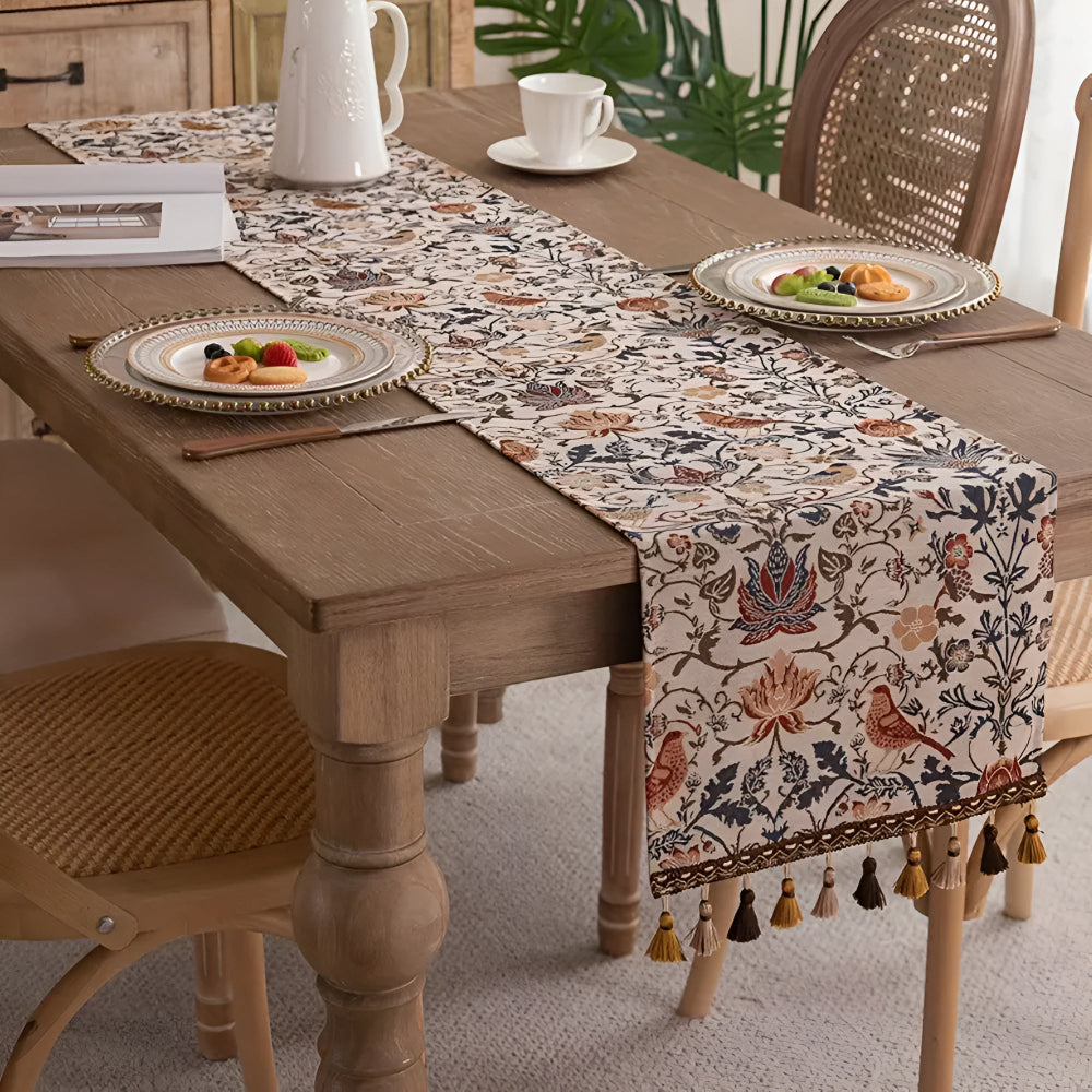 Vintage Jacquard Table Runner with Floral Bird Pattern and Tassels