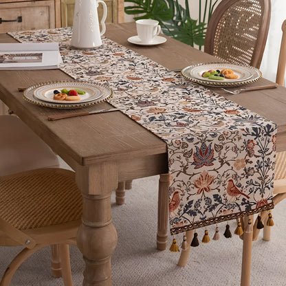 Vintage Jacquard Table Runner with Floral Bird Pattern and Tassels