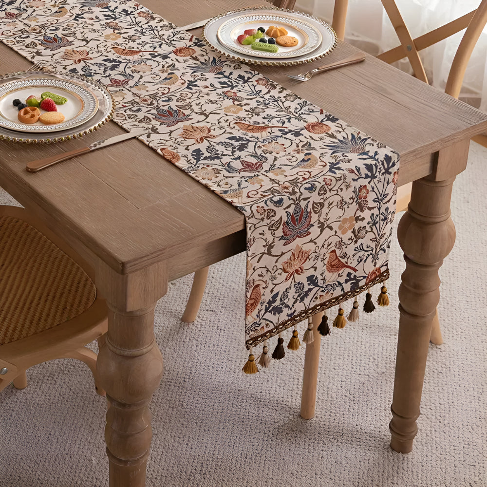 Vintage Jacquard Table Runner with Floral Bird Pattern and Tassels