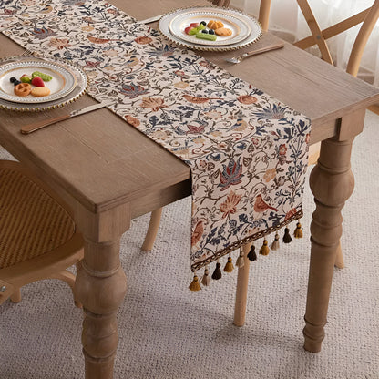 Vintage Jacquard Table Runner with Floral Bird Pattern and Tassels