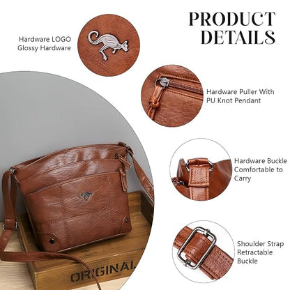 Vintage Leather Shoulder Bag with Adjustable Strap and Pockets