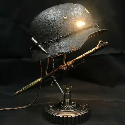 Vintage Steel Helmet LED Table Lamp USB Powered