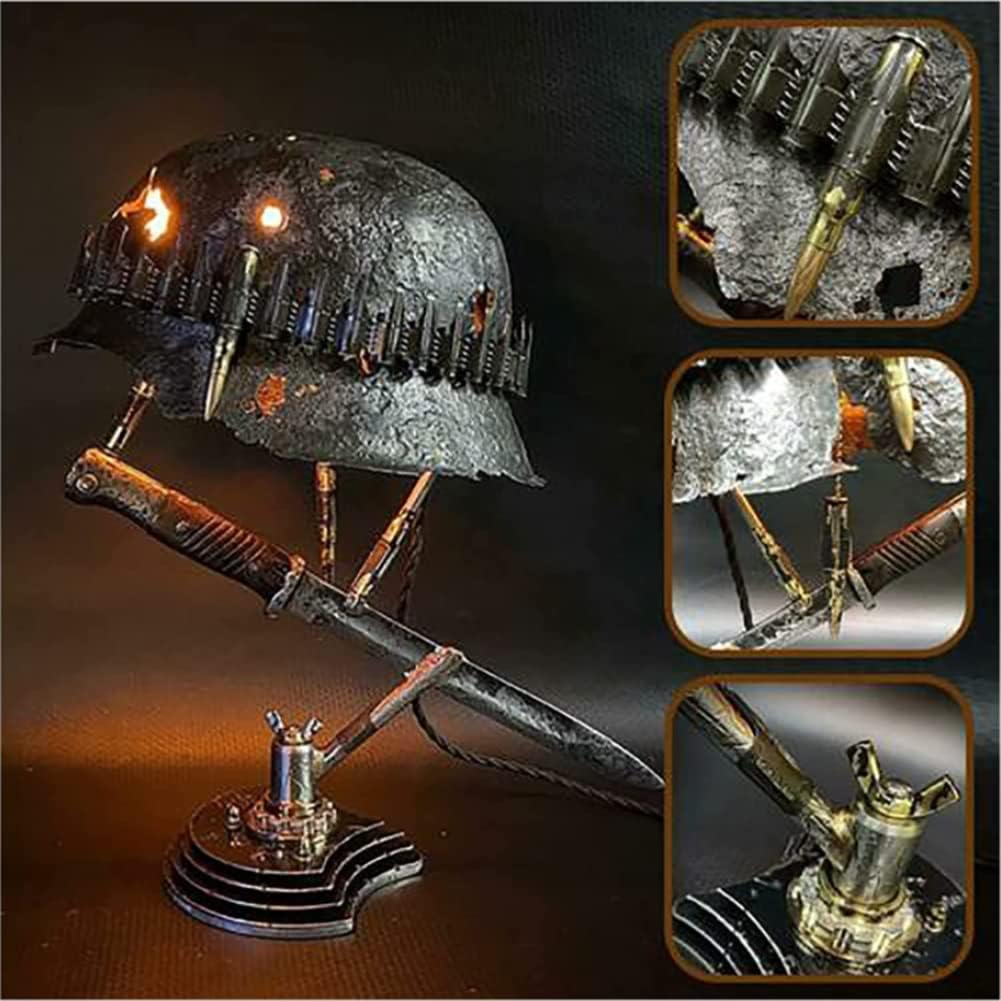 Vintage Steel Helmet LED Table Lamp USB Powered