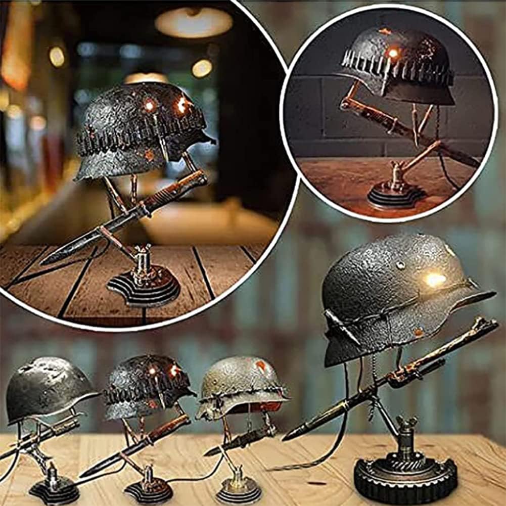 Vintage Steel Helmet LED Table Lamp USB Powered
