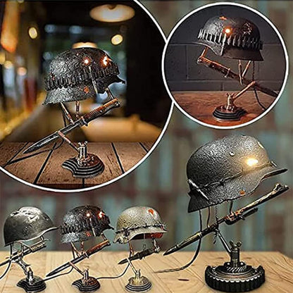 Vintage Steel Helmet LED Table Lamp USB Powered