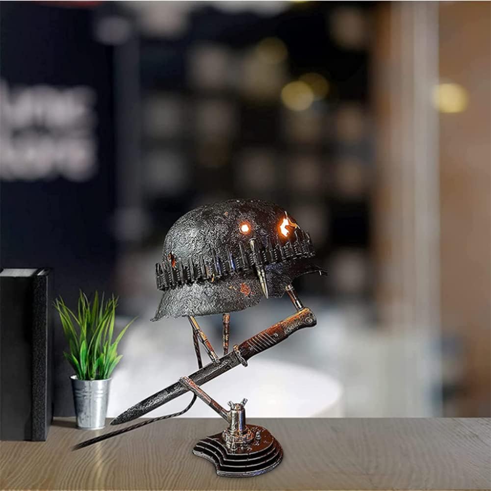 Vintage Steel Helmet LED Table Lamp USB Powered