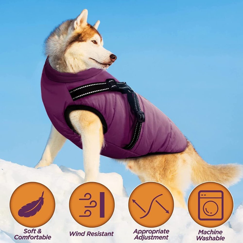 Waterproof Dog Coat with Built In Harness Fleece Lined