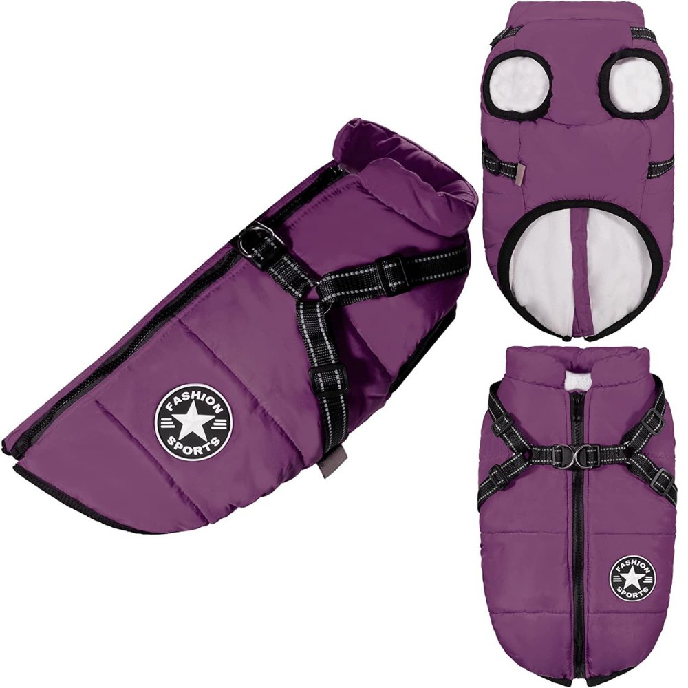 Waterproof Dog Coat with Built In Harness Fleece Lined