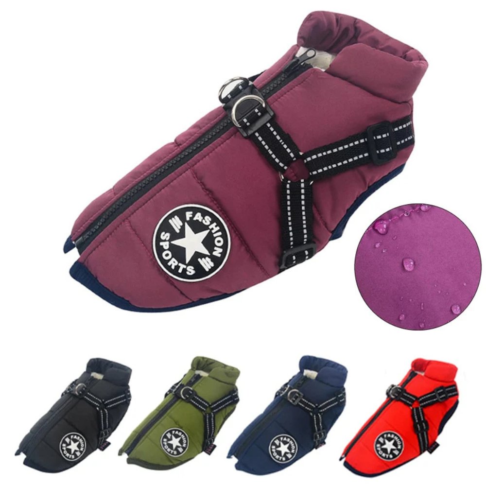 Waterproof Dog Coat with Built In Harness Fleece Lined