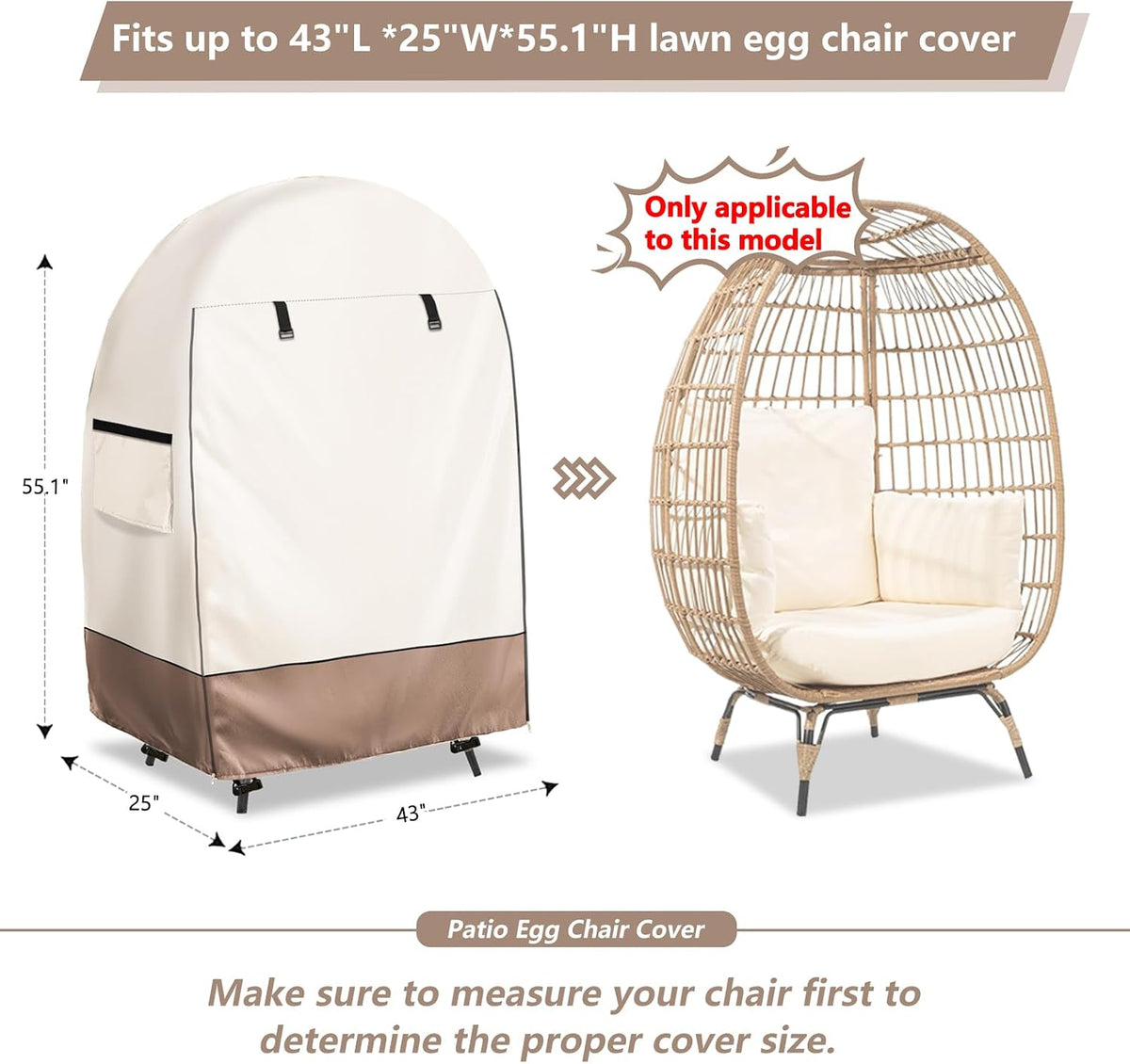 Waterproof Egg Chair Cover with Double Zipper and Wind Straps