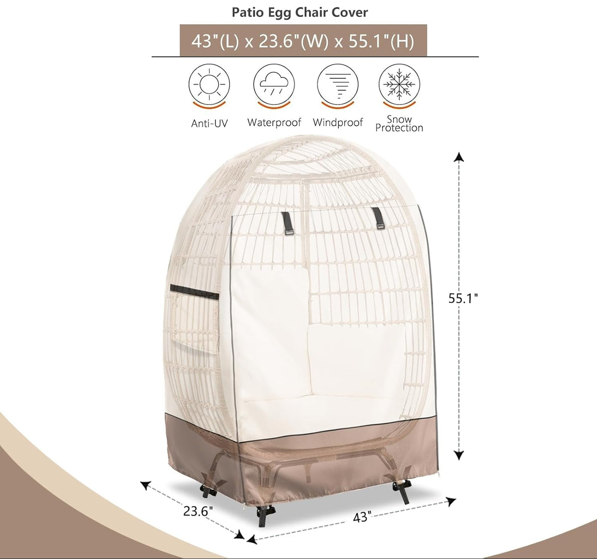 Waterproof Egg Chair Cover with Double Zipper and Wind Straps