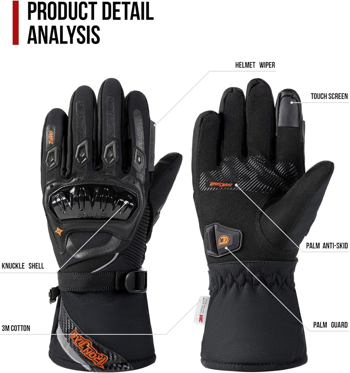 Waterproof Insulated Motorcycle Gloves with Touchscreen Fingertips