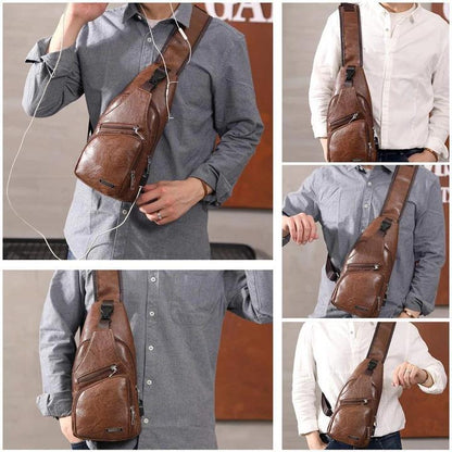 Waterproof Leather Sling Chest Bag with USB Port