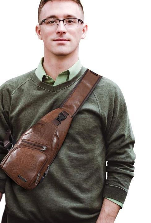 Waterproof Leather Sling Chest Bag with USB Port